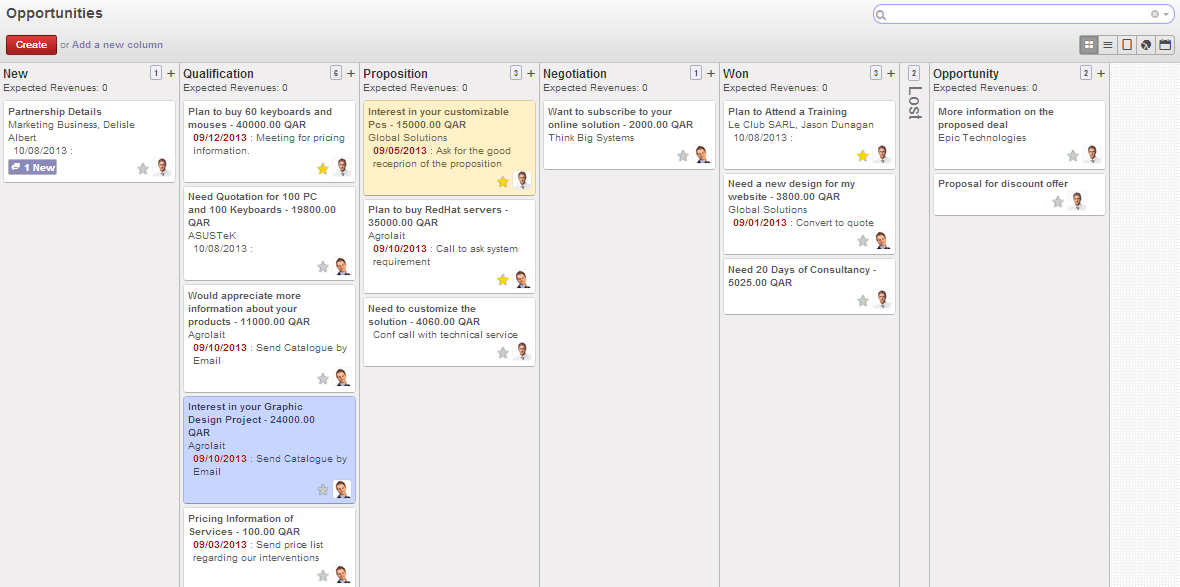 Captura de pantalla Odoo CRM Kamban